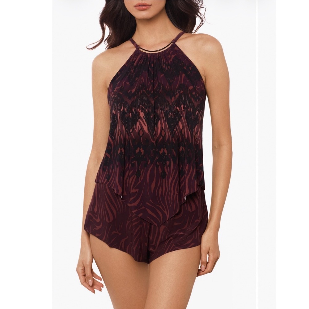 Magicsuit Zabra Goldie Skirted One-Piece Swimsuit Plum Zebra Halter Underwire 14